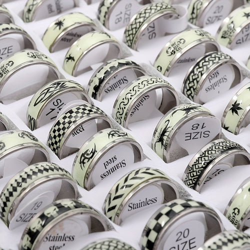 20/50pcs Assorted Stainless Steel Glow-in-the-Dark Rings for Men - Fashionable Mixed Designs with Luminous Stickers, Sizes 17-21mm, High-Quality & Durable