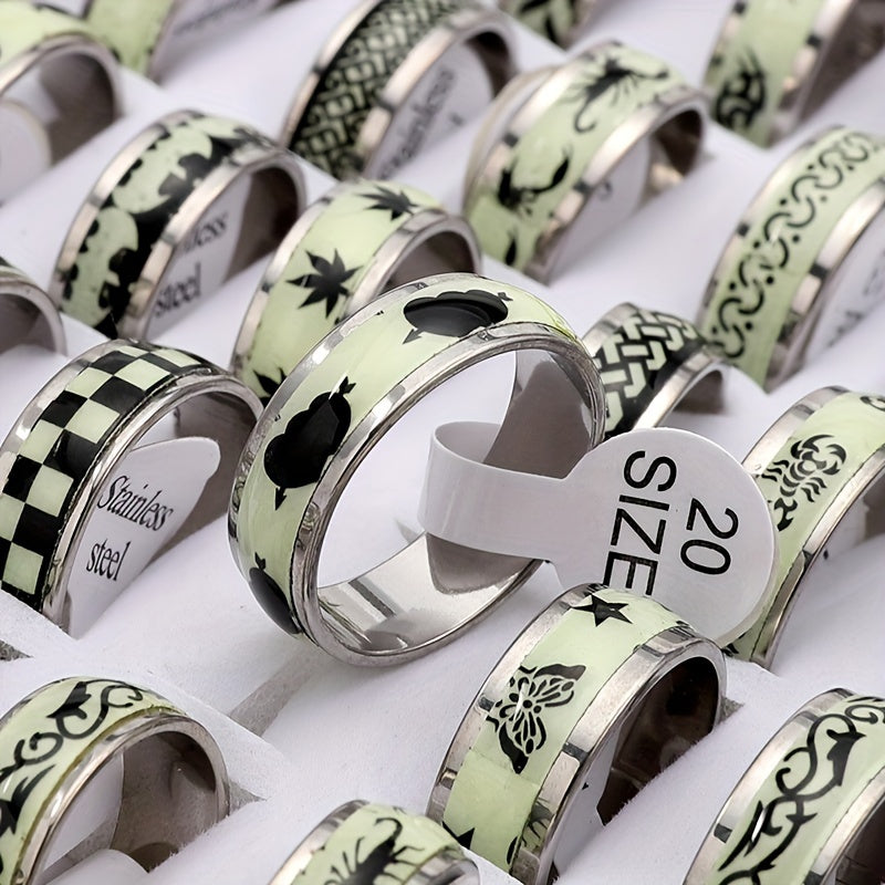 20/50pcs Assorted Stainless Steel Glow-in-the-Dark Rings for Men - Fashionable Mixed Designs with Luminous Stickers, Sizes 17-21mm, High-Quality & Durable
