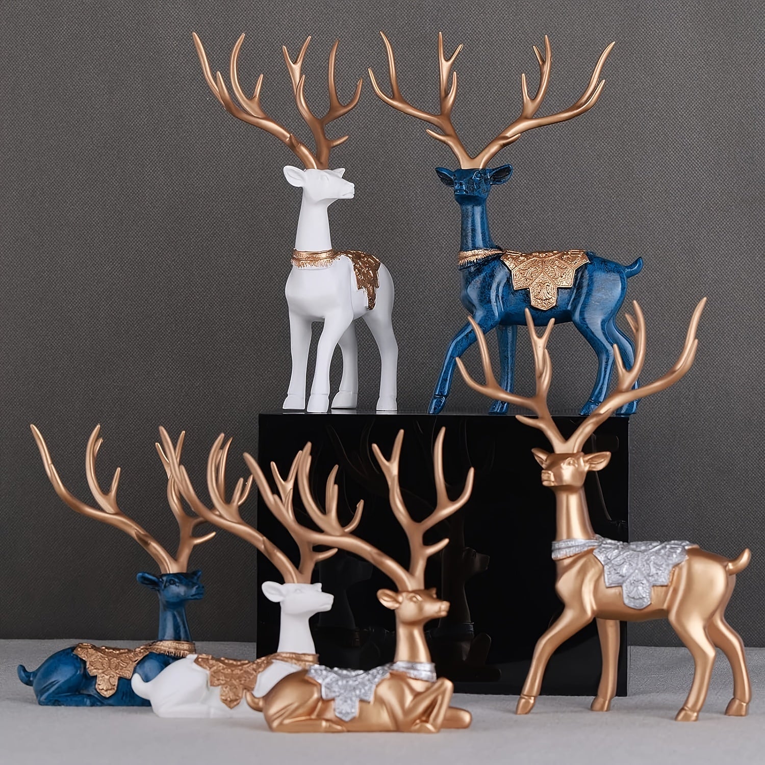 Majestic Blue Reindeer Figurines - Modern Home Decor Style - Shelf-Ready Deer Statues for Living Room Entrance and Table Decor