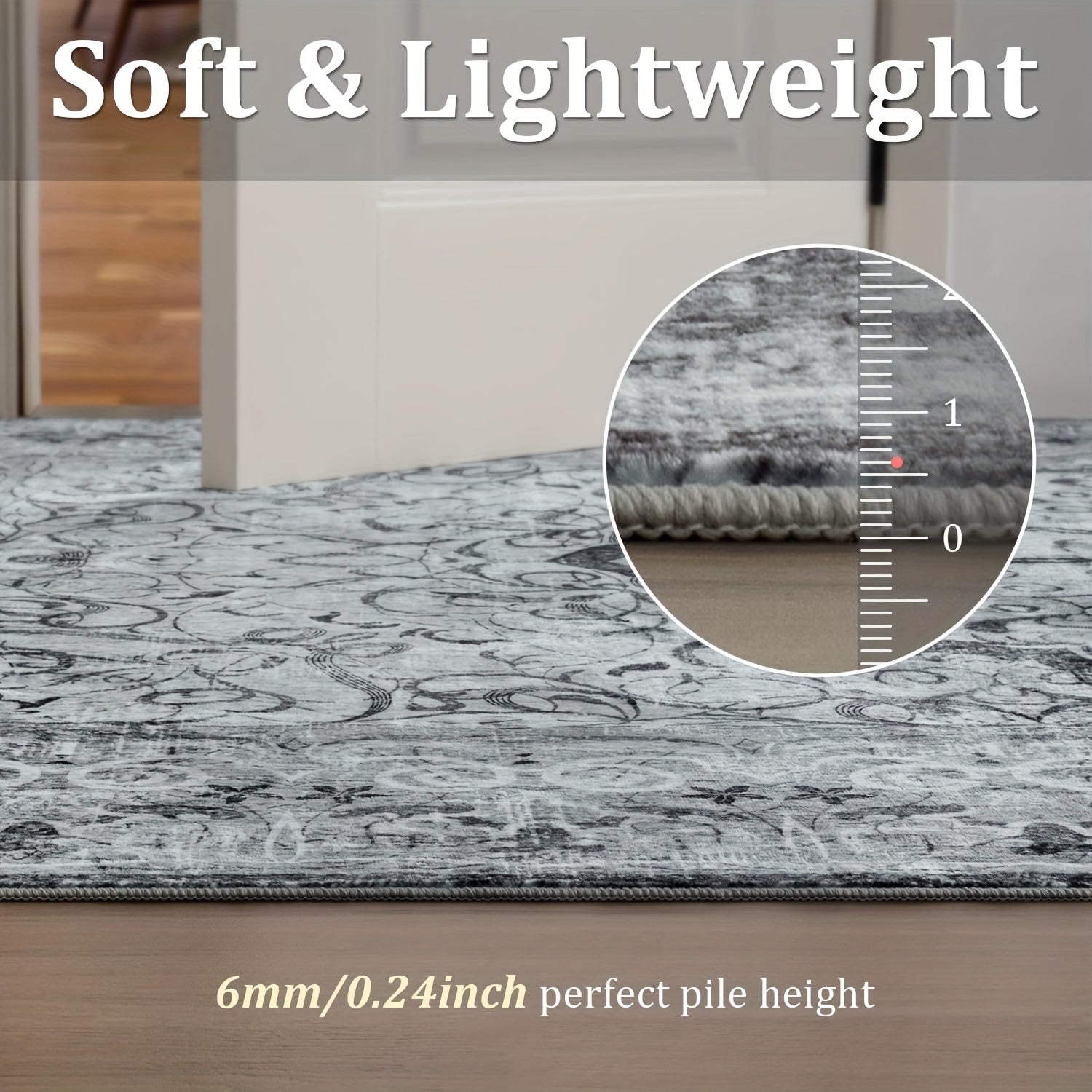 Grey Area Rug - Washable Floral Stripe Rug for Bedroom & Living Room