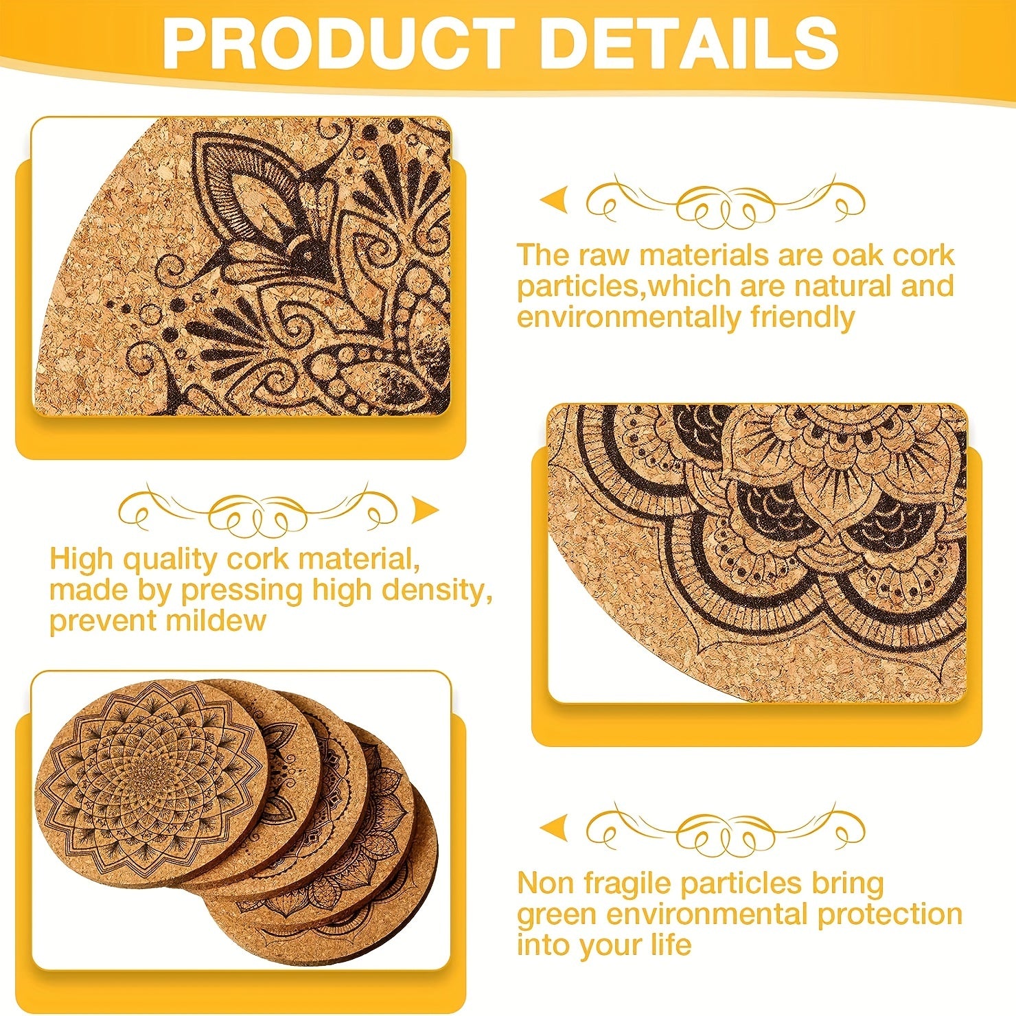 8 Piece Cork Coasters Set - Heat Resistant Non-Slip Drink Mats