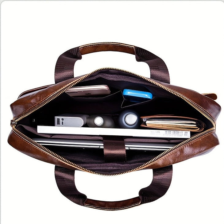 Top-Grain Leather Briefcase | Multi-Compartment Crossbody Bag for Work & Commute