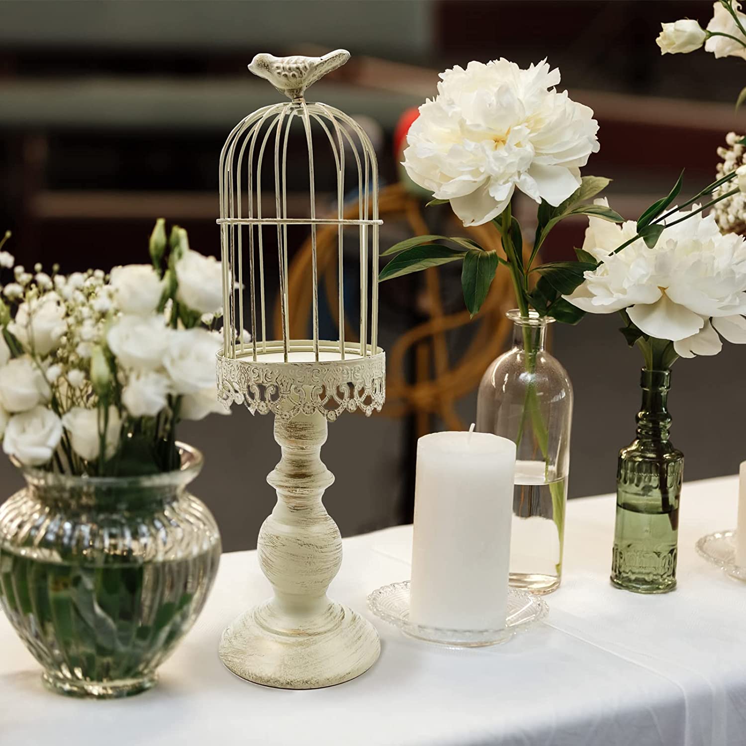 Vintage Birdcage Candle Holder - Rustic Metal Lantern Wedding Centerpiece