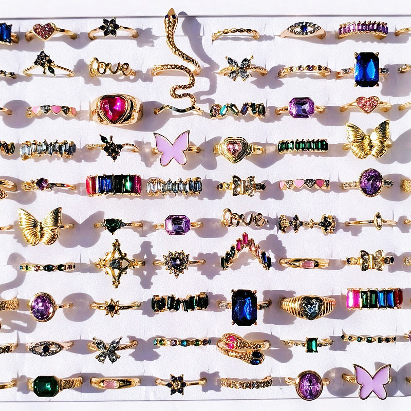 20Pcs/Lot Trendy Colorful Rings for Women Mix Design Luxury Rhinestone Butterfly Snake Finger Ring Jewelry