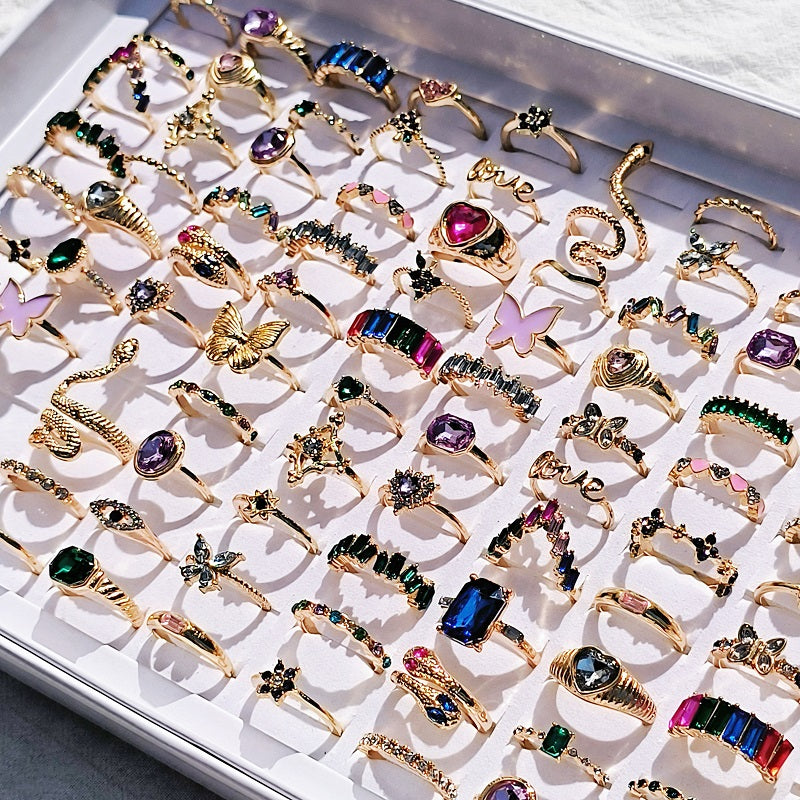 20Pcs/Lot Trendy Colorful Rings for Women Mix Design Luxury Rhinestone Butterfly Snake Finger Ring Jewelry