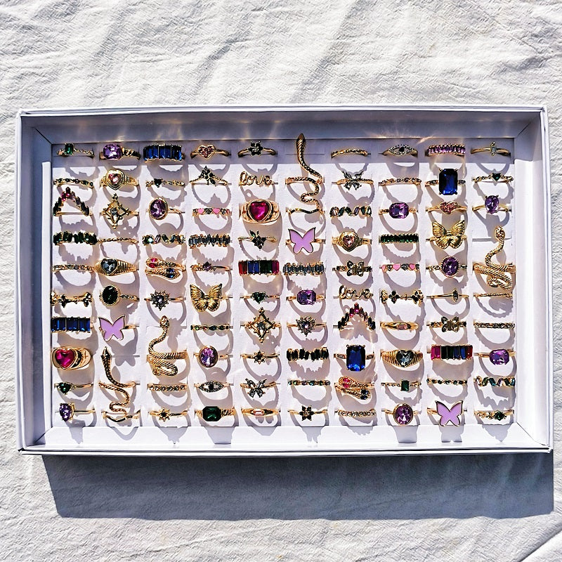 20Pcs/Lot Trendy Colorful Rings for Women Mix Design Luxury Rhinestone Butterfly Snake Finger Ring Jewelry