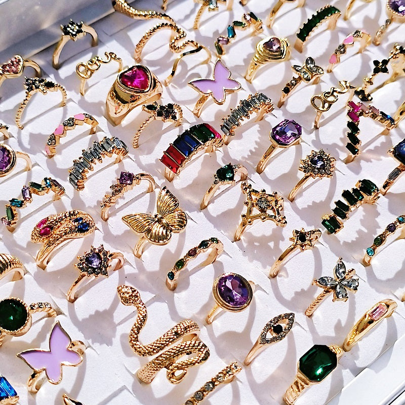 20Pcs/Lot Trendy Colorful Rings for Women Mix Design Luxury Rhinestone Butterfly Snake Finger Ring Jewelry