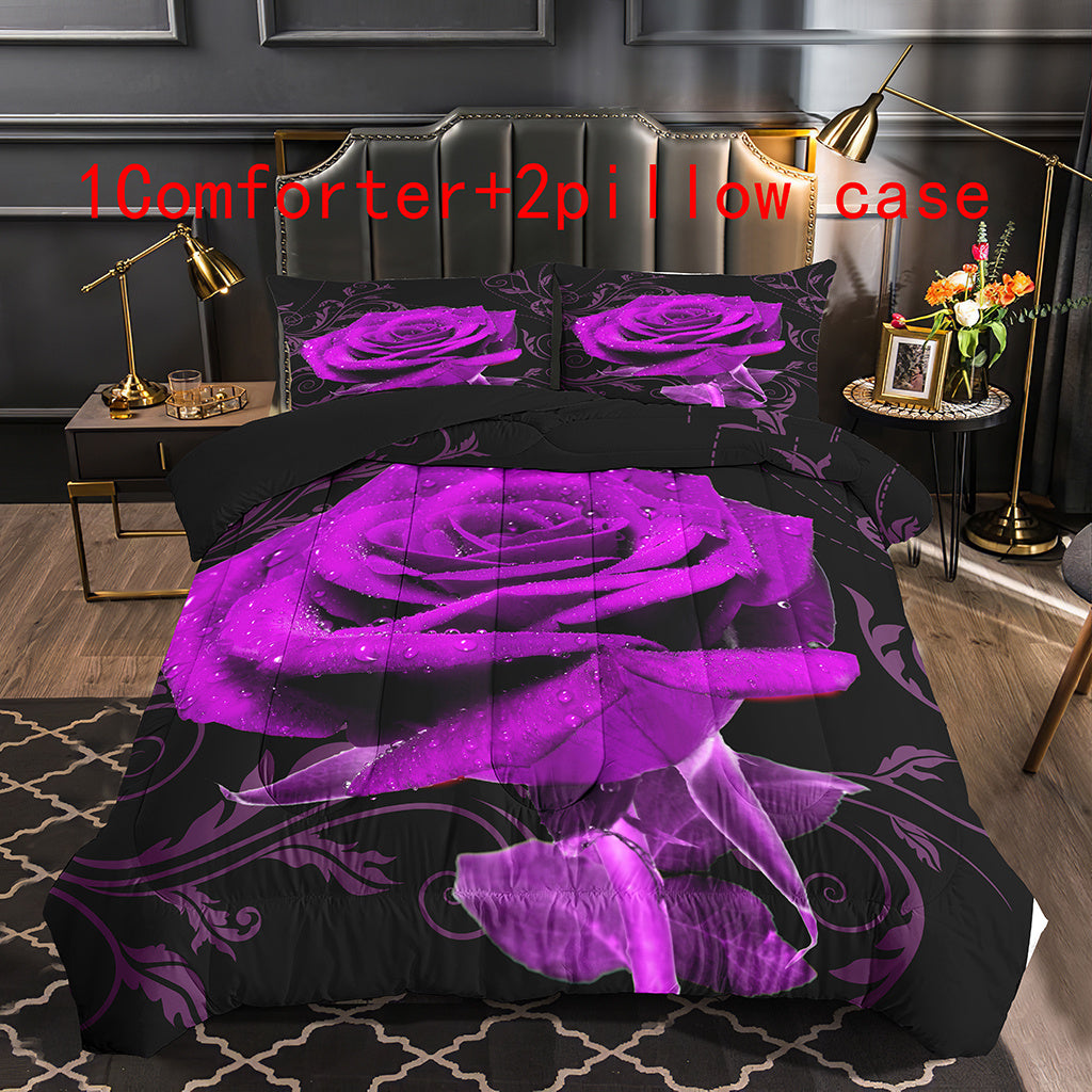 Purple Rose Comforter Set 3 Piece - Soft Floral Bedding for All Seasons
