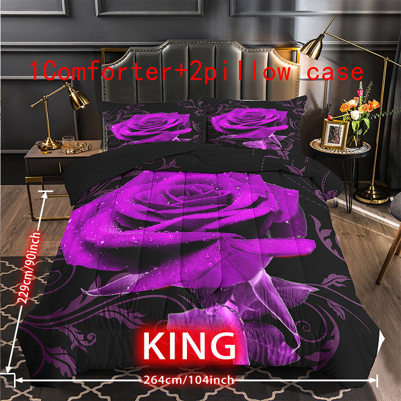 Purple Rose Comforter Set 3 Piece - Soft Floral Bedding for All Seasons