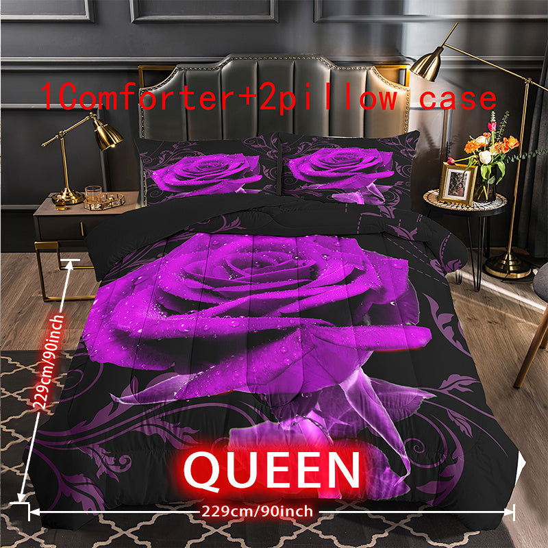 Purple Rose Comforter Set 3 Piece - Soft Floral Bedding for All Seasons