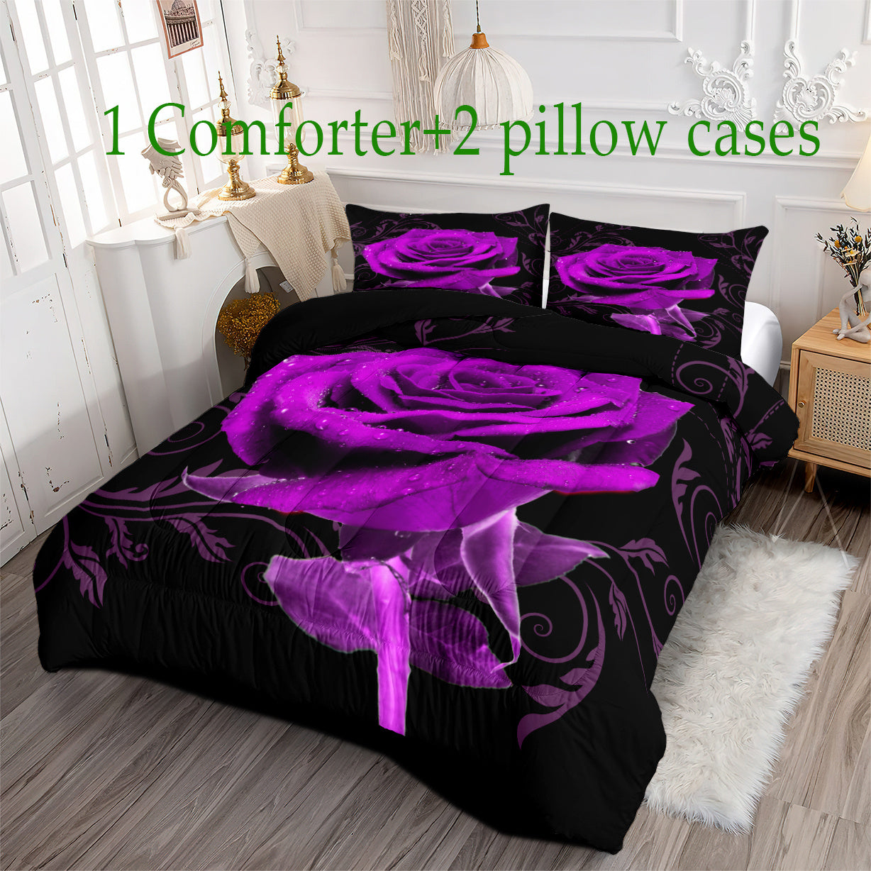 Purple Rose Comforter Set 3 Piece - Soft Floral Bedding for All Seasons