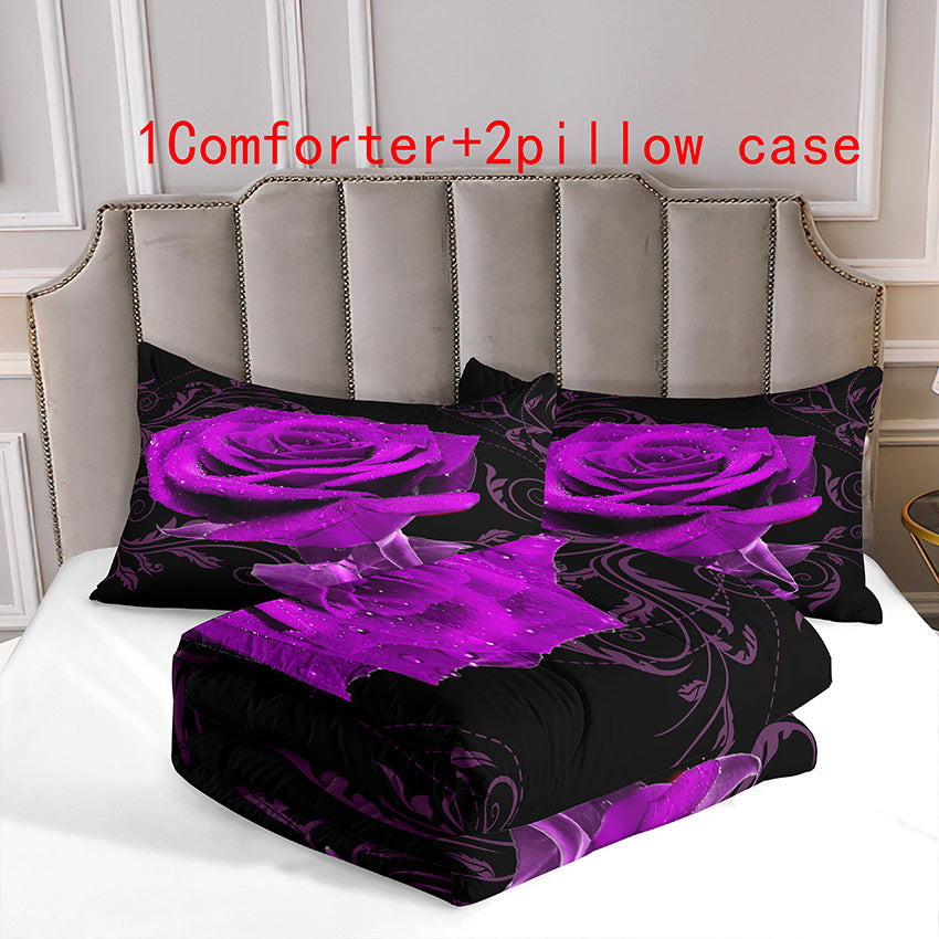 Purple Rose Comforter Set 3 Piece - Soft Floral Bedding for All Seasons