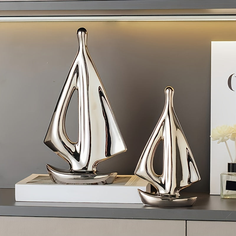 Ceramic Sailboat Sculptures Set of 2 - Modern Nautical Home Decor Ornaments