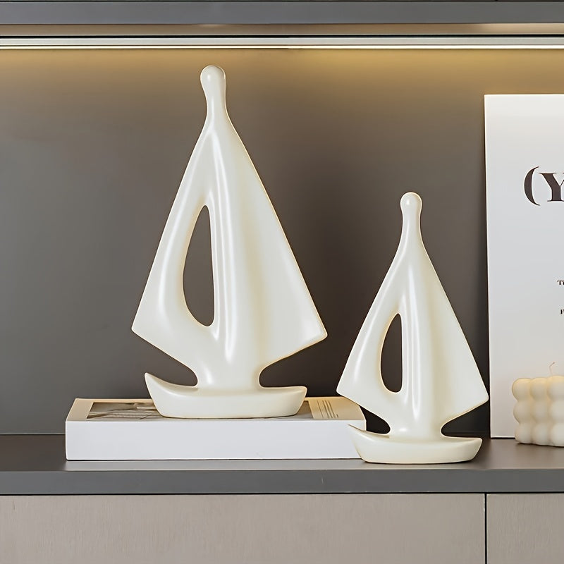 Ceramic Sailboat Sculptures Set of 2 - Modern Nautical Home Decor Ornaments