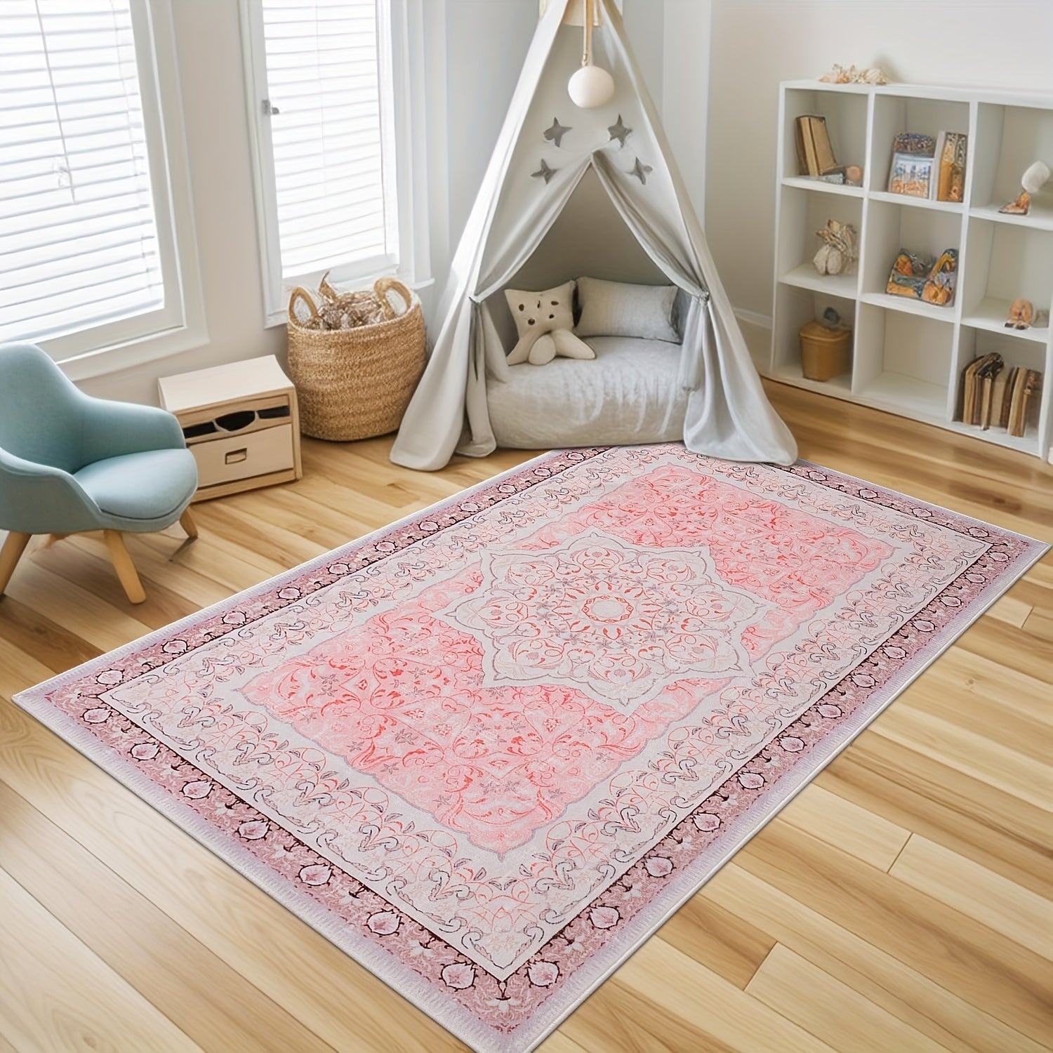 Grey Area Rug - Washable Floral Stripe Rug for Bedroom & Living Room