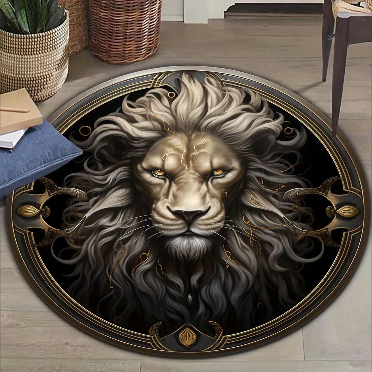 Round Lion Rug Non-Slip - Machine Washable Area Rug for Home Decor