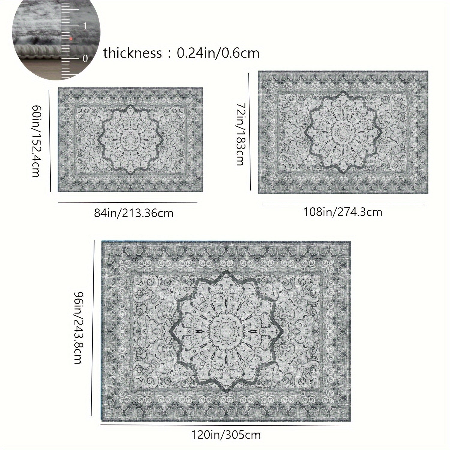 Grey Area Rug - Washable Floral Stripe Rug for Bedroom & Living Room