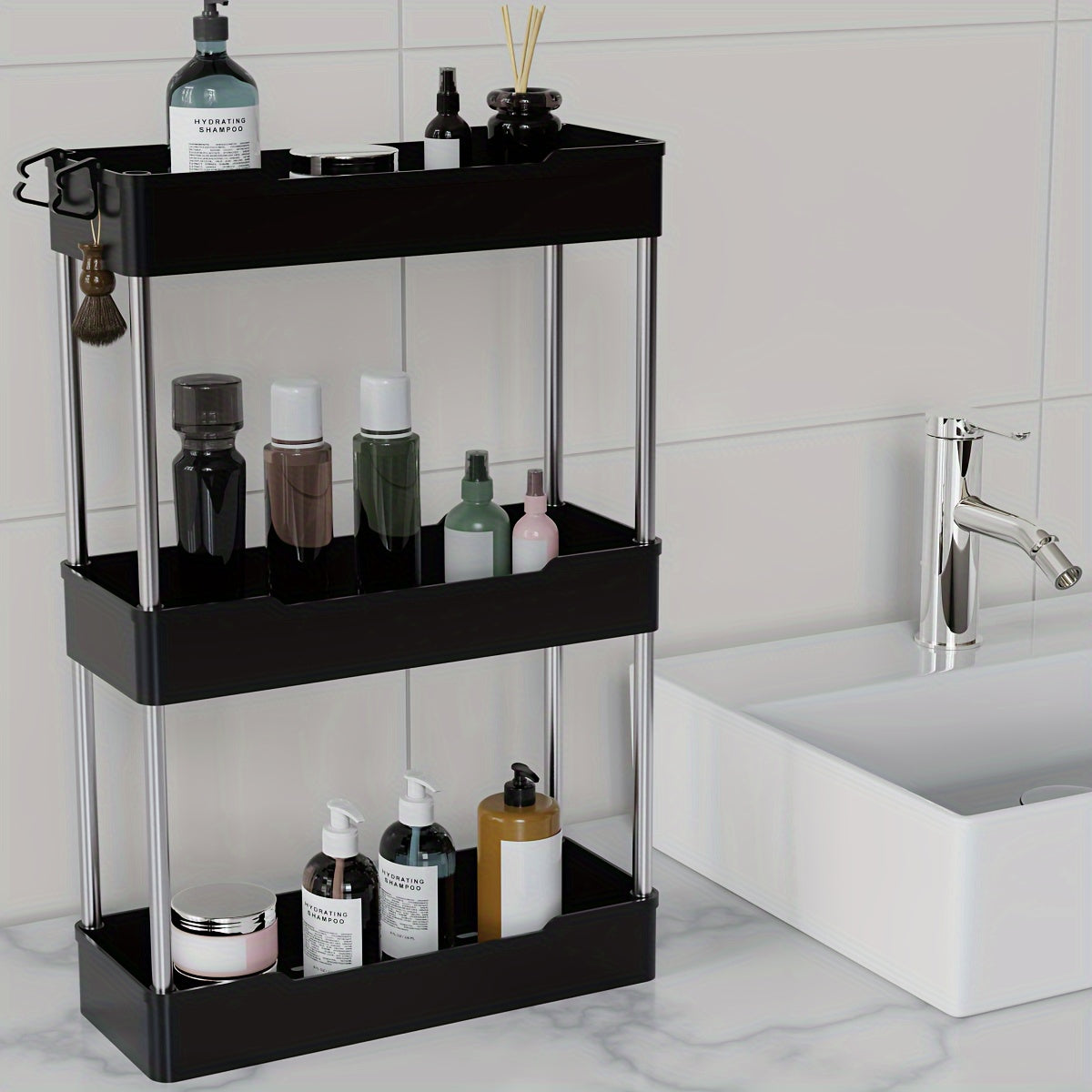 Slim Bathroom Countertop Organizer - Multi-Tier Storage Rack with Gold Accents