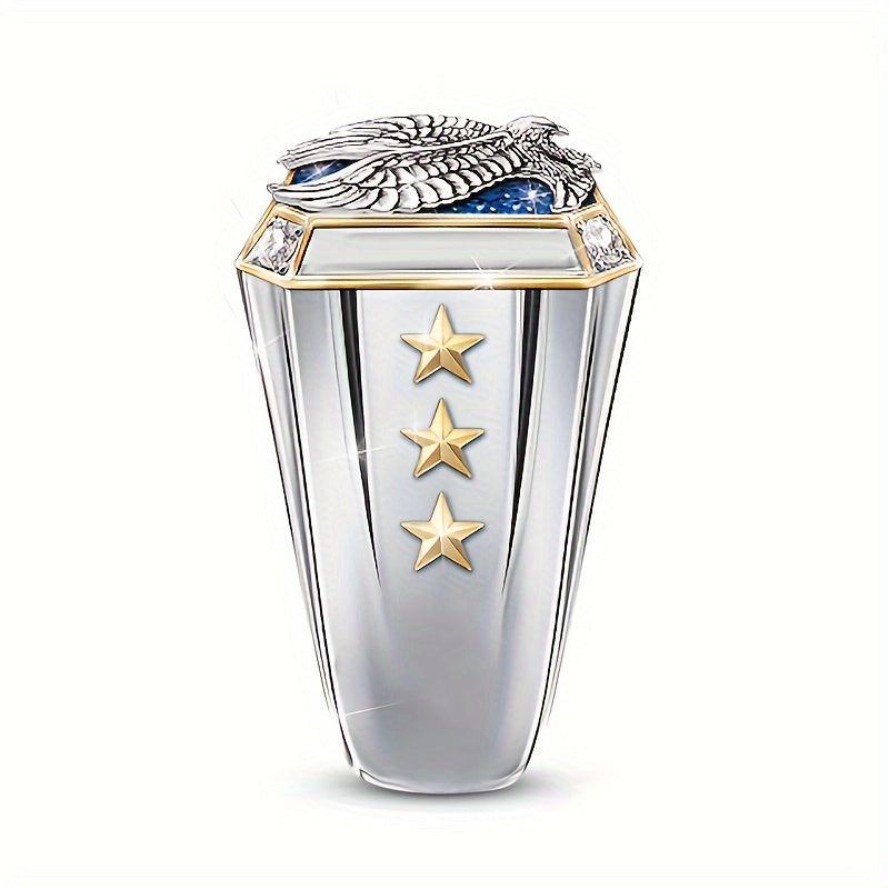 Vintage Platinum Plated Copper Eagle Ring - Two Tone Star Carving Biker Jewelry for Men