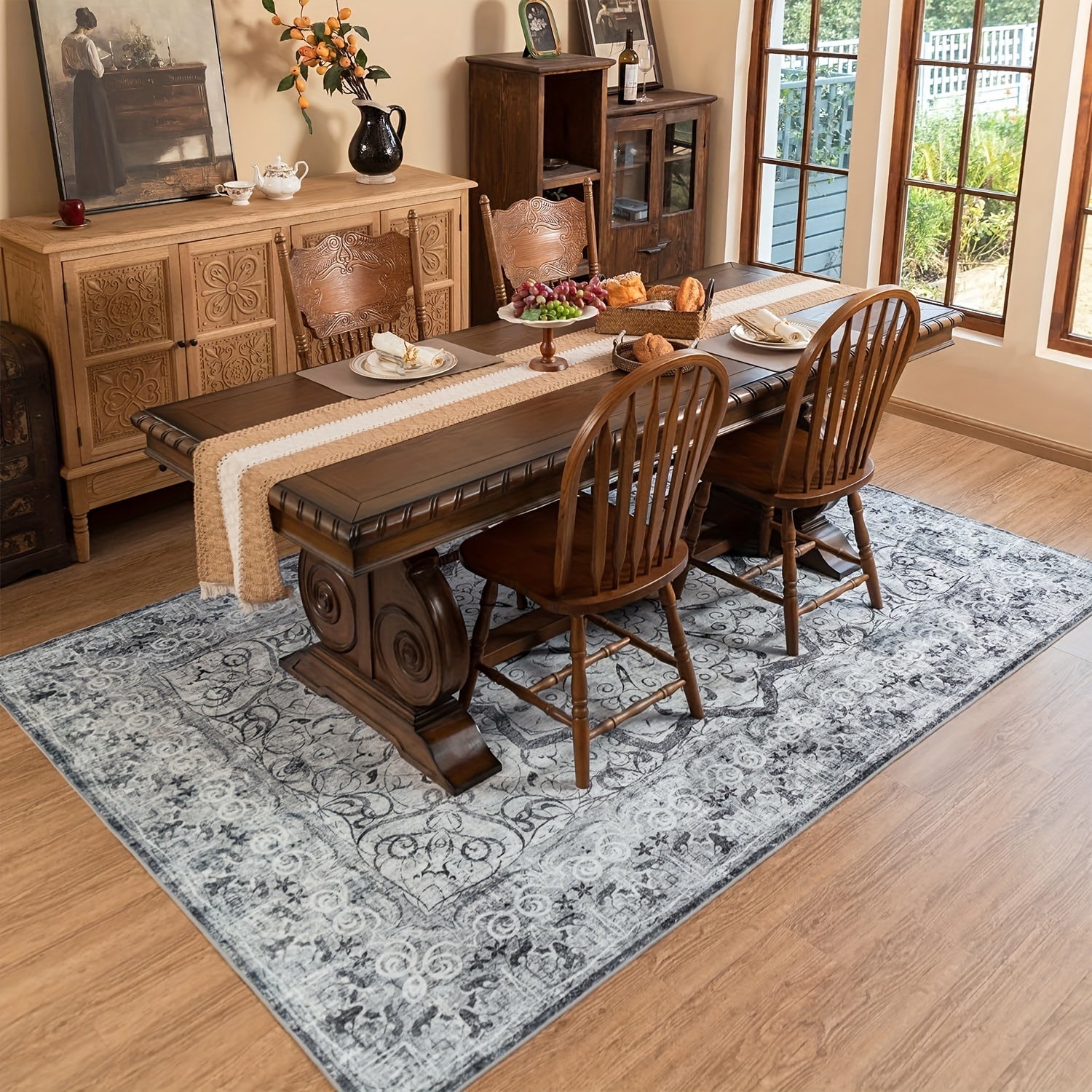 Grey Area Rug - Washable Floral Stripe Rug for Bedroom & Living Room