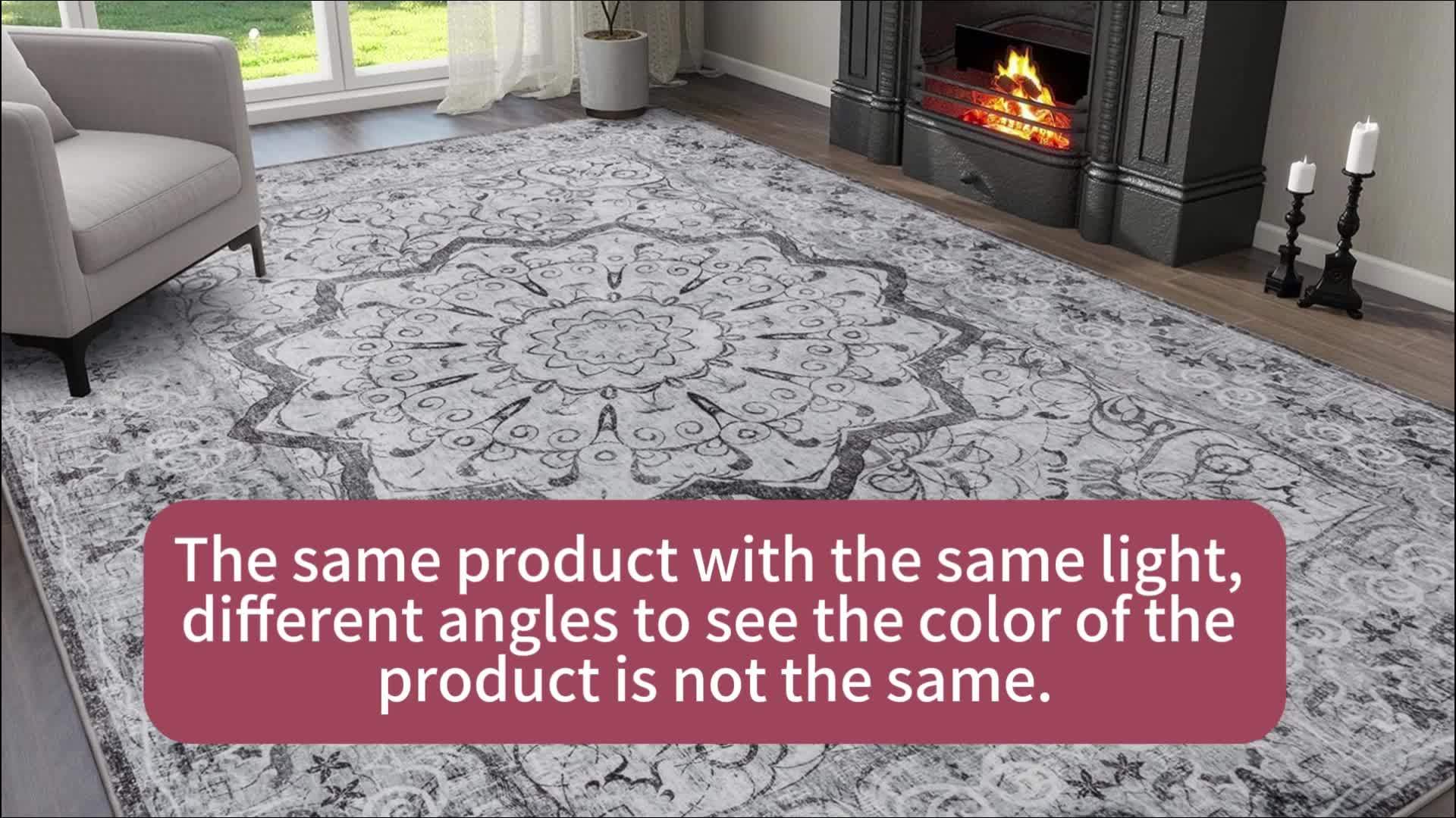 Grey Area Rug - Washable Floral Stripe Rug for Bedroom & Living Room