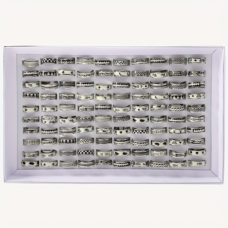 20/50pcs Assorted Stainless Steel Glow-in-the-Dark Rings for Men - Fashionable Mixed Designs with Luminous Stickers, Sizes 17-21mm, High-Quality & Durable