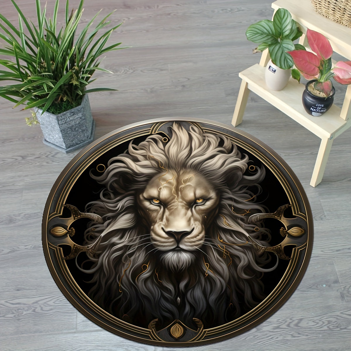 Round Lion Rug Non-Slip - Machine Washable Area Rug for Home Decor