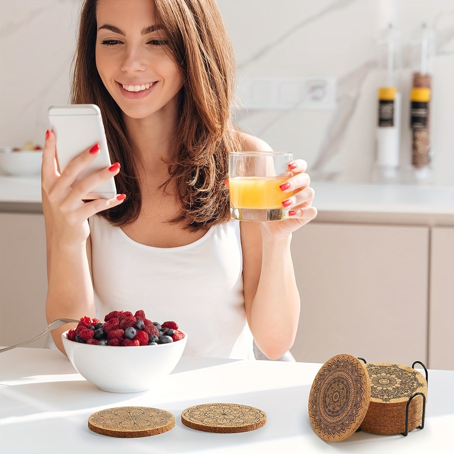 8 Piece Cork Coasters Set - Heat Resistant Non-Slip Drink Mats