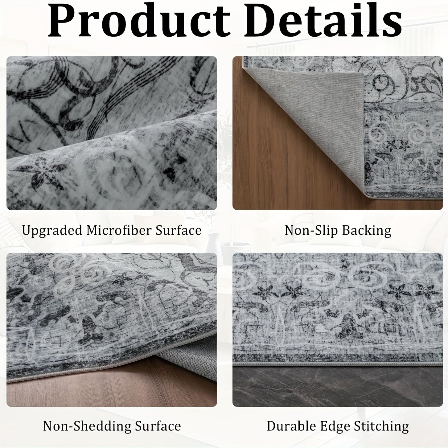 Grey Area Rug - Washable Floral Stripe Rug for Bedroom & Living Room