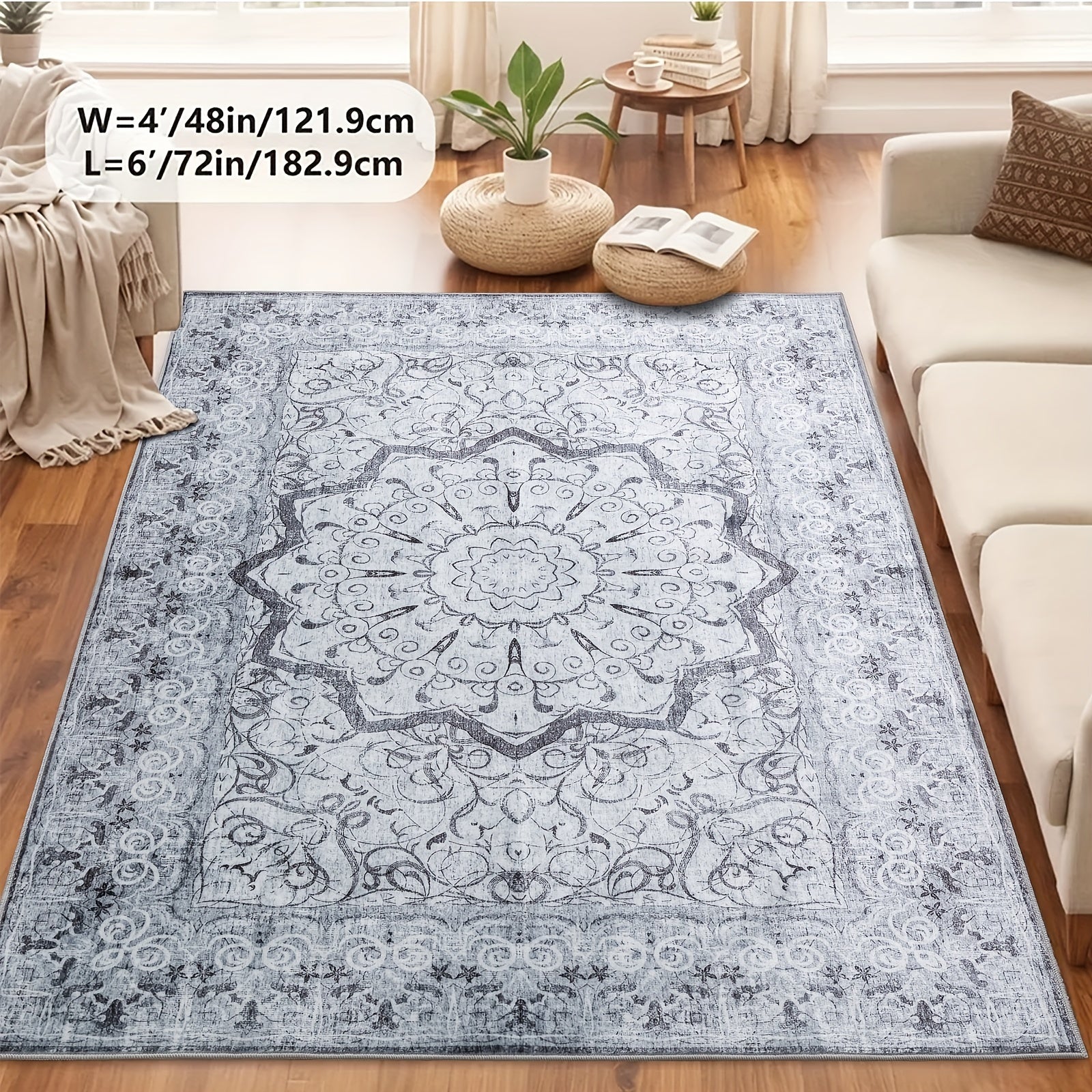 Grey Area Rug - Washable Floral Stripe Rug for Bedroom & Living Room