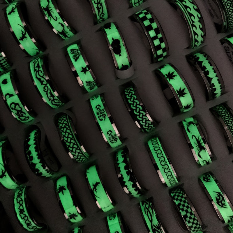 20/50pcs Assorted Stainless Steel Glow-in-the-Dark Rings for Men - Fashionable Mixed Designs with Luminous Stickers, Sizes 17-21mm, High-Quality & Durable