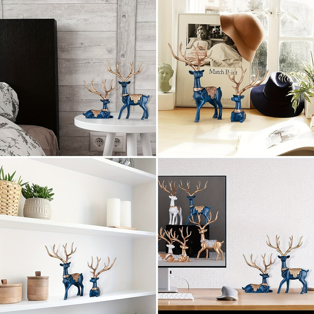 Majestic Blue Reindeer Figurines - Modern Home Decor Style - Shelf-Ready Deer Statues for Living Room Entrance and Table Decor