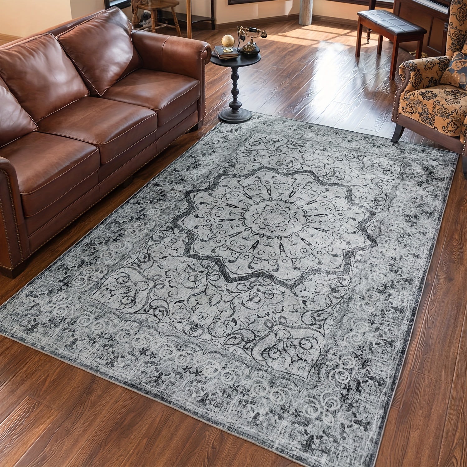 Grey Area Rug - Washable Floral Stripe Rug for Bedroom & Living Room