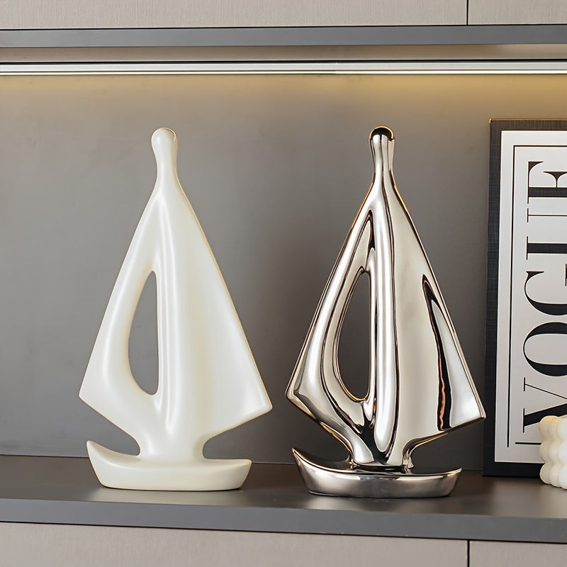 Ceramic Sailboat Sculptures Set of 2 - Modern Nautical Home Decor Ornaments