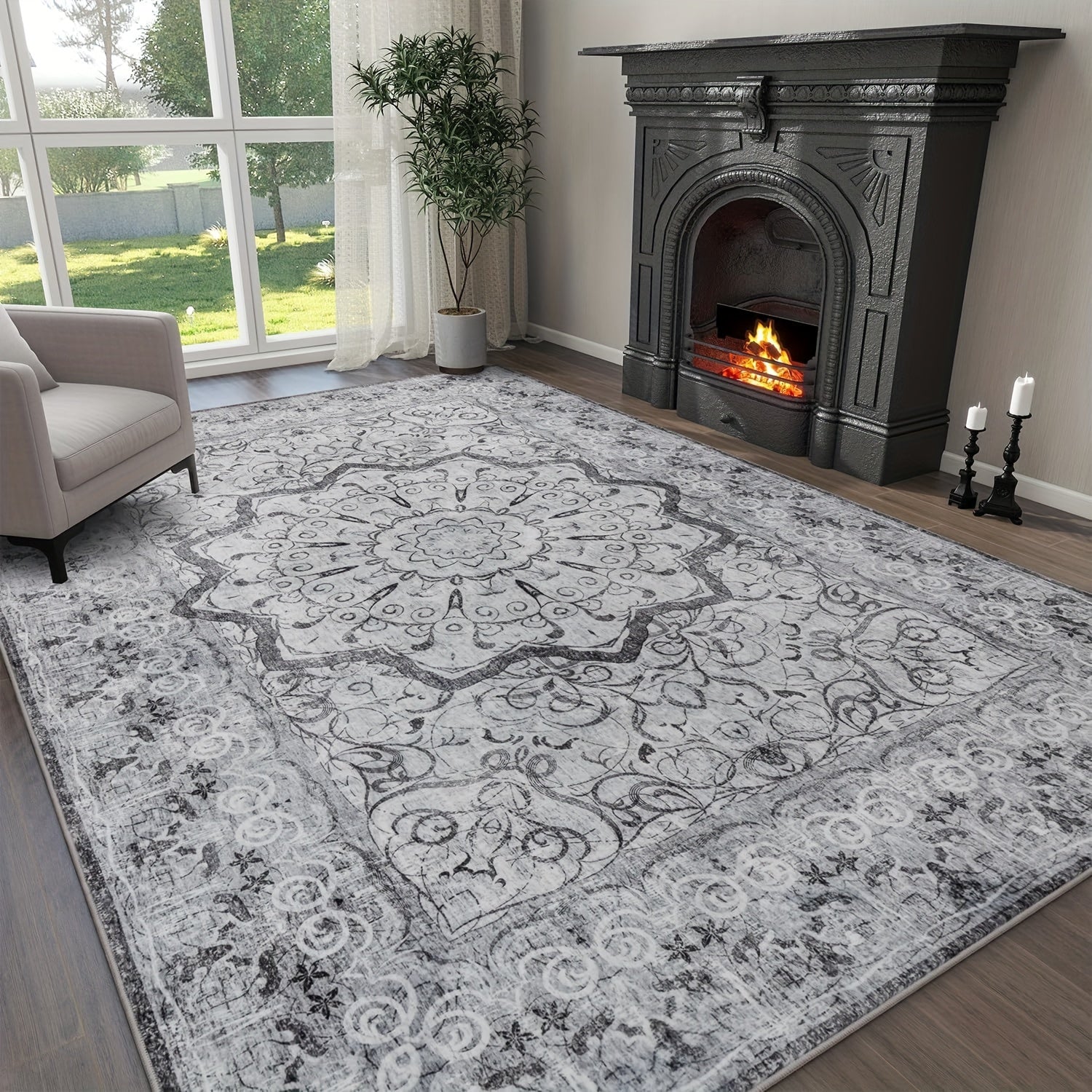 Grey Area Rug - Washable Floral Stripe Rug for Bedroom & Living Room