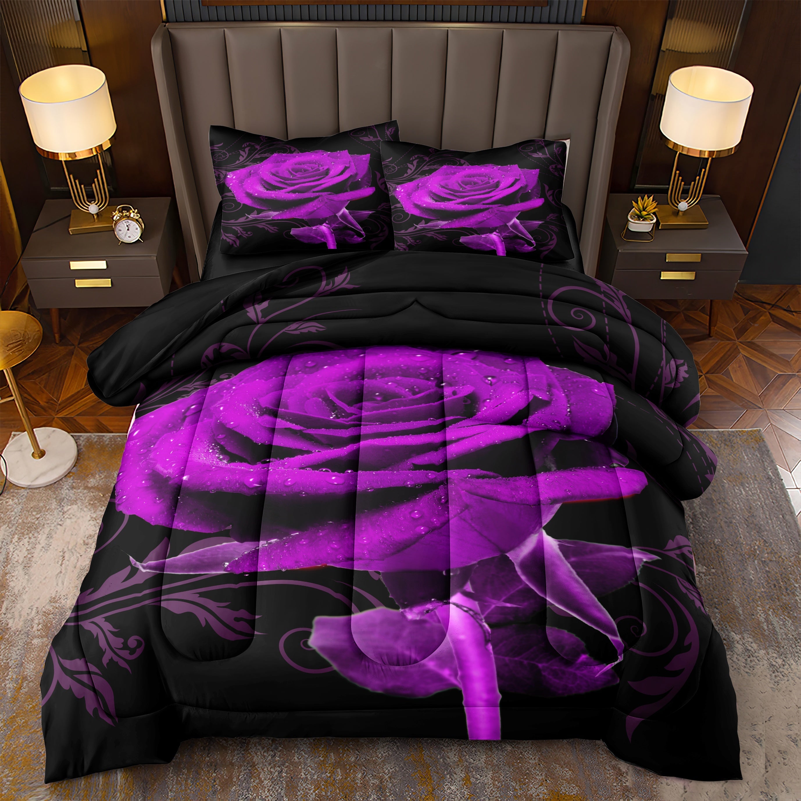 Purple Rose Comforter Set 3 Piece - Soft Floral Bedding for All Seasons