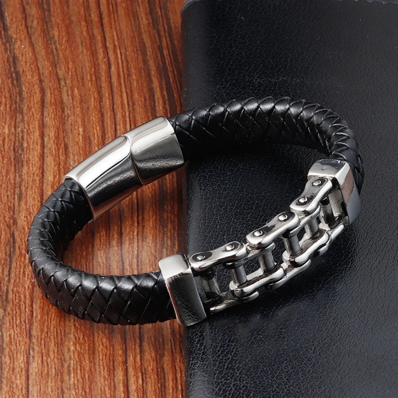Men's Leather Charm Bracelet - Stainless Steel Geometric Rope Chain