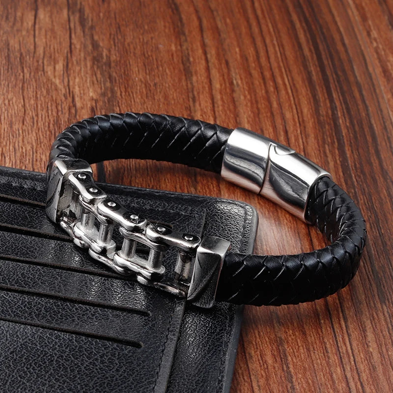 Men's Leather Charm Bracelet - Stainless Steel Geometric Rope Chain