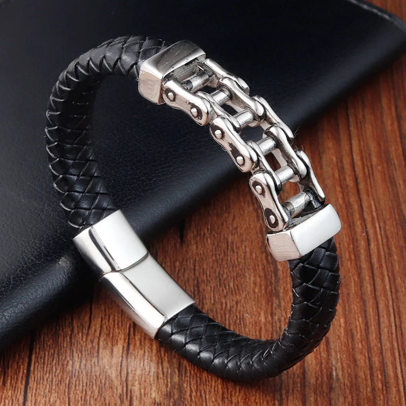 Men's Leather Charm Bracelet - Stainless Steel Geometric Rope Chain