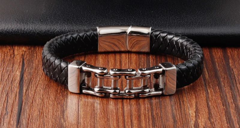 Men's Leather Charm Bracelet - Stainless Steel Geometric Rope Chain