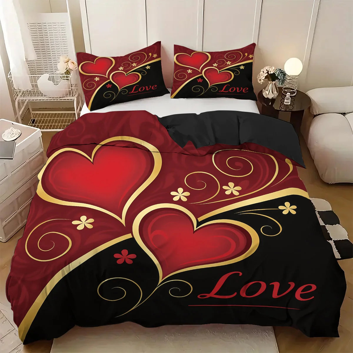 Valentine's Day Heart Bedding Set 3 Pieces - Black Red Love Print Duvet Cover Set