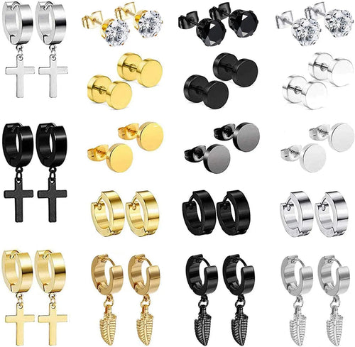 18 Pairs Earrings for Men: Stainless Steel Mens Earrings Stud Cross Dangle Hoop Earrings Set Jewelry Gift for Men Women