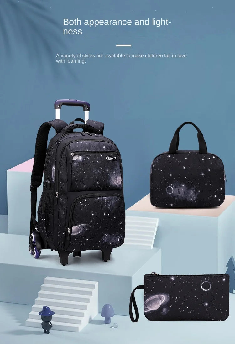 Kids School Bag With Wheels Rolling Backpack for Boy Wheeled School Bag 6 Wheels Trolley Bookbag Carry on Luggage with Lunch Bag