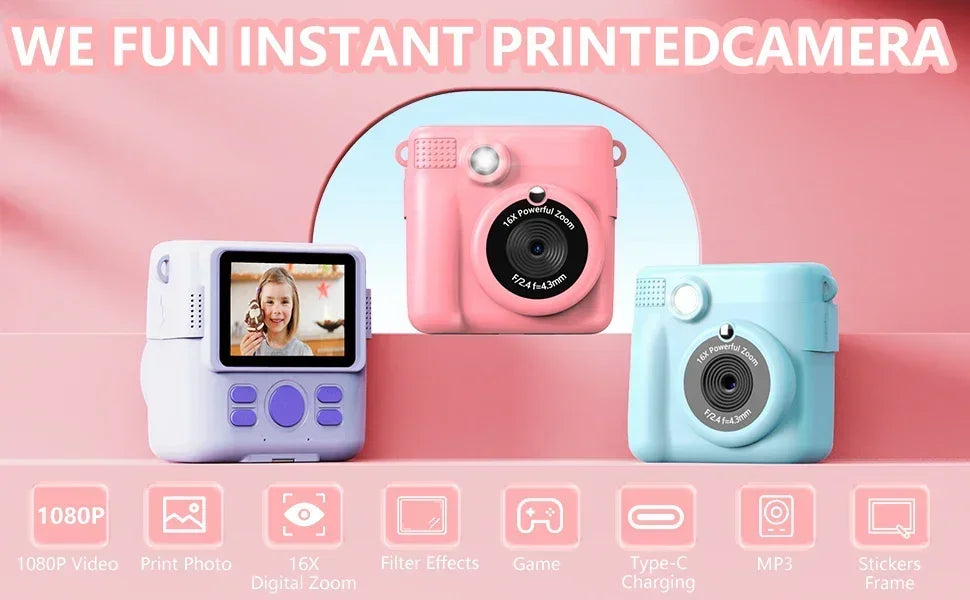kids camera instant print 1080P Portable Kids Camera with  32GB Card3 and Rolls Photo Paper , Perfect Gift for Toddlers
