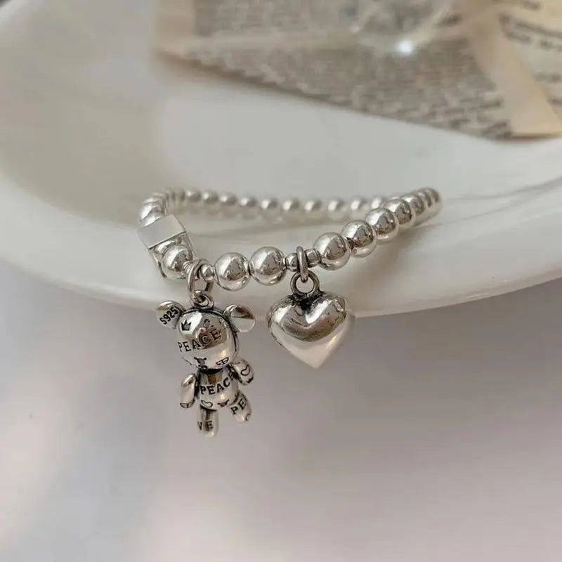 New Stainless Steel Bracelets for Women Fashion Beaded Accessories Simple Heart Bear Pendant Bracelet Trend Party Jewelry