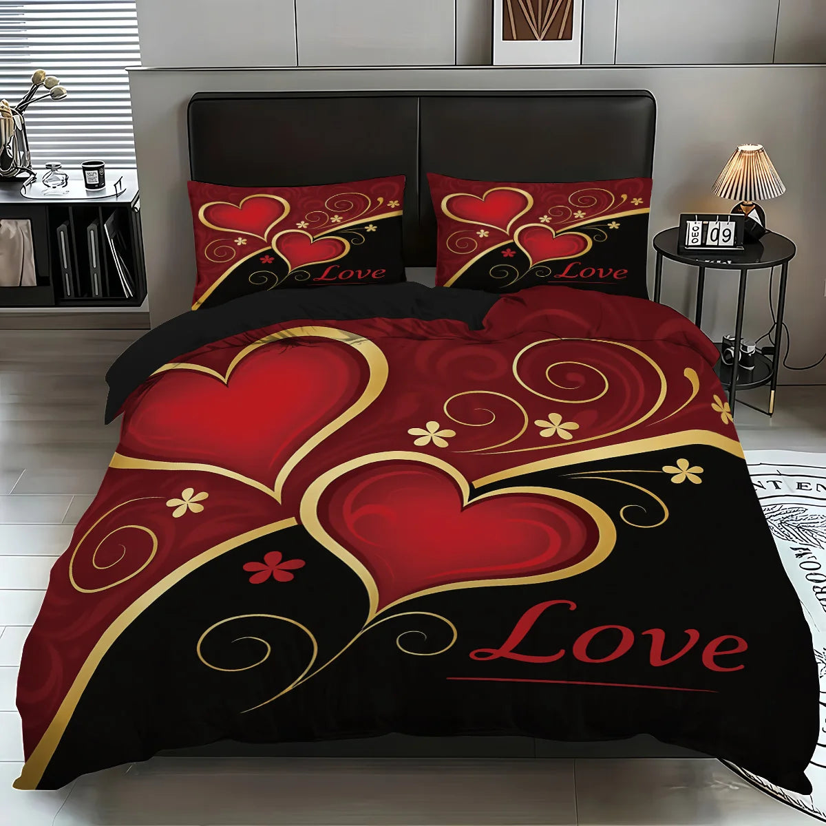 Valentine's Day Heart Bedding Set 3 Pieces - Black Red Love Print Duvet Cover Set