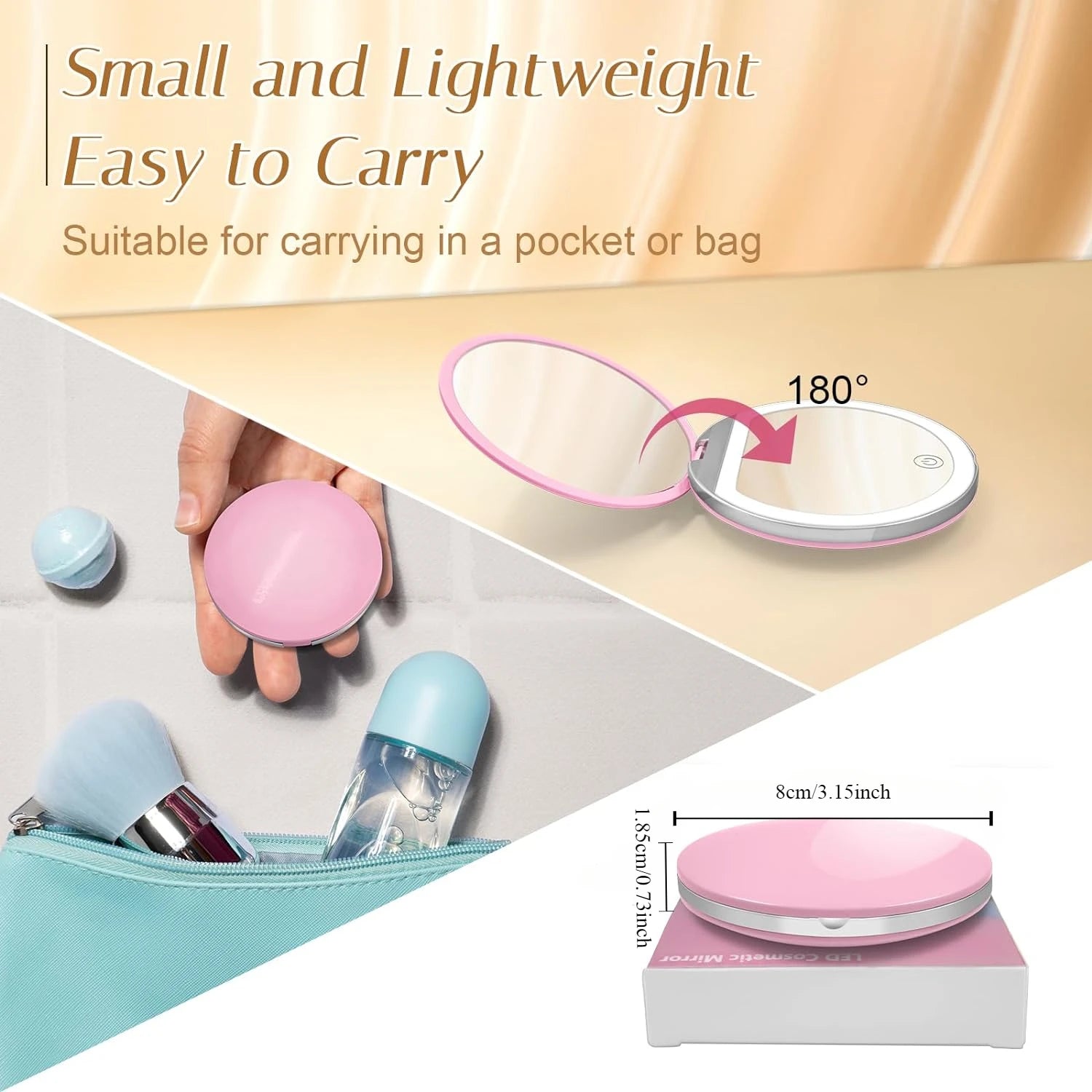 LED Compact Mirror with Light - 1X/3X Magnification Pocket Mirror with USB Cable
