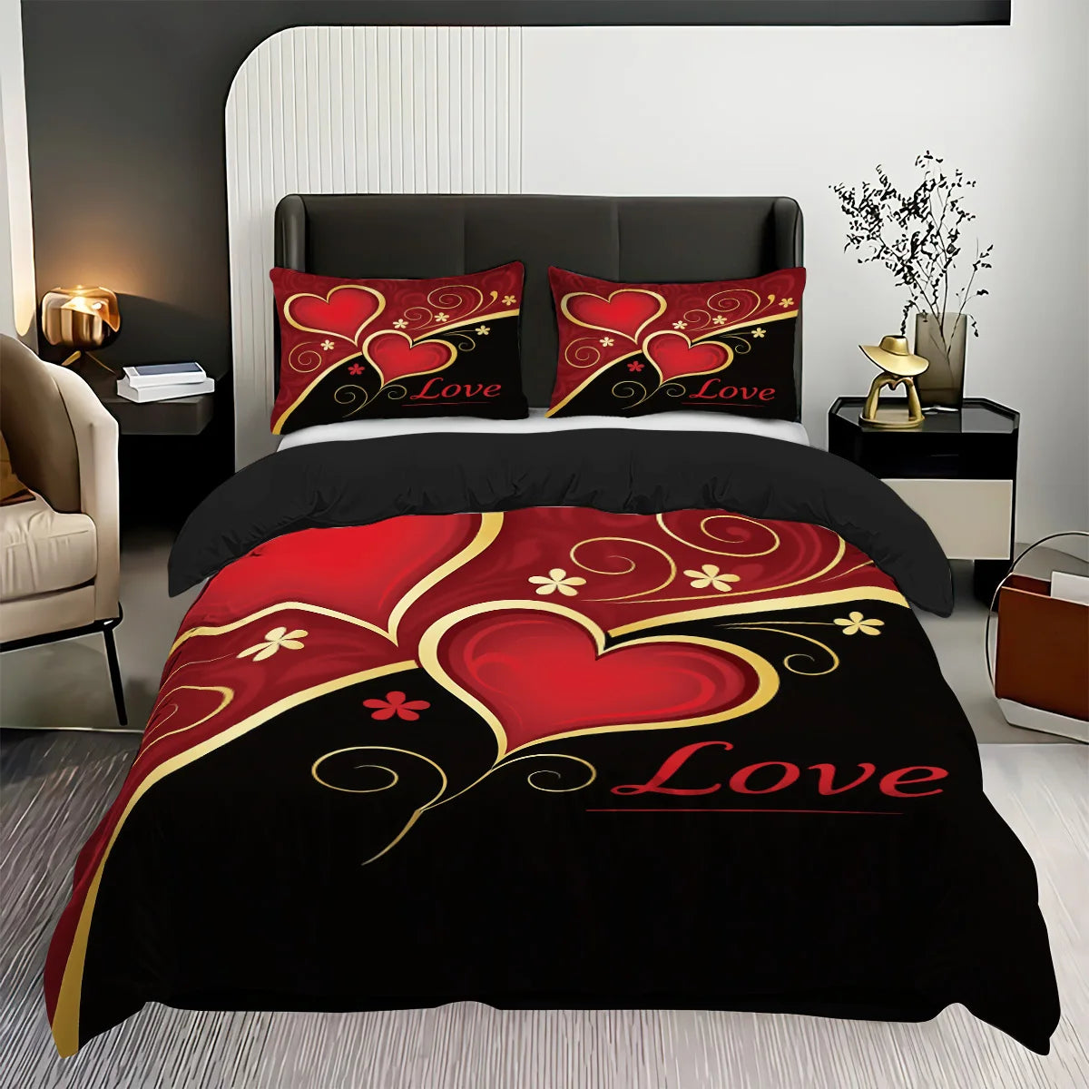 Valentine's Day Heart Bedding Set 3 Pieces - Black Red Love Print Duvet Cover Set