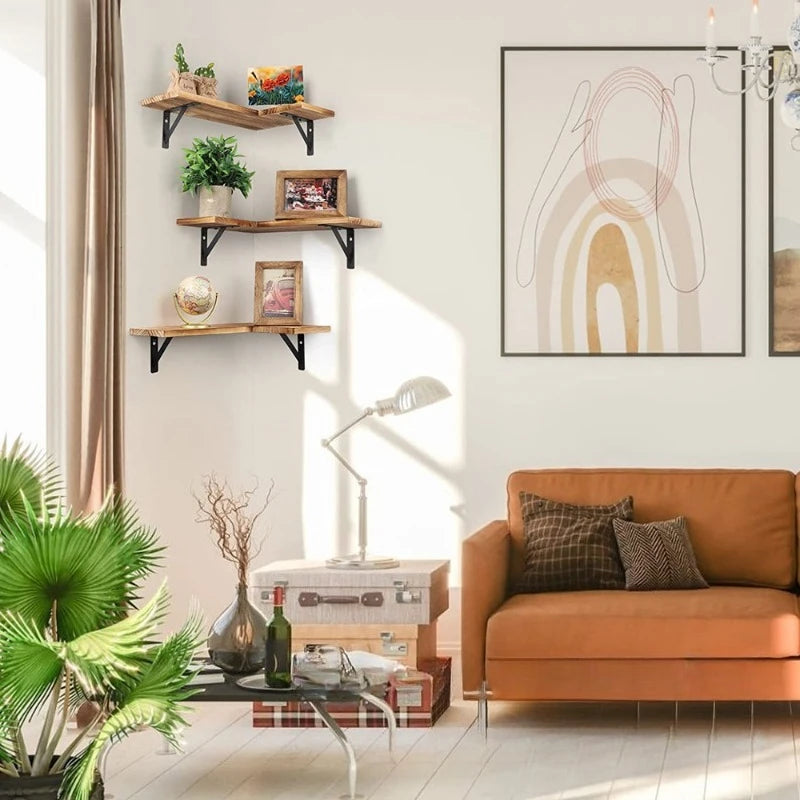 L-Shaped Corner Wall Shelves - Floating Wood Shelves Set of 3 for Living Room & Bedroom