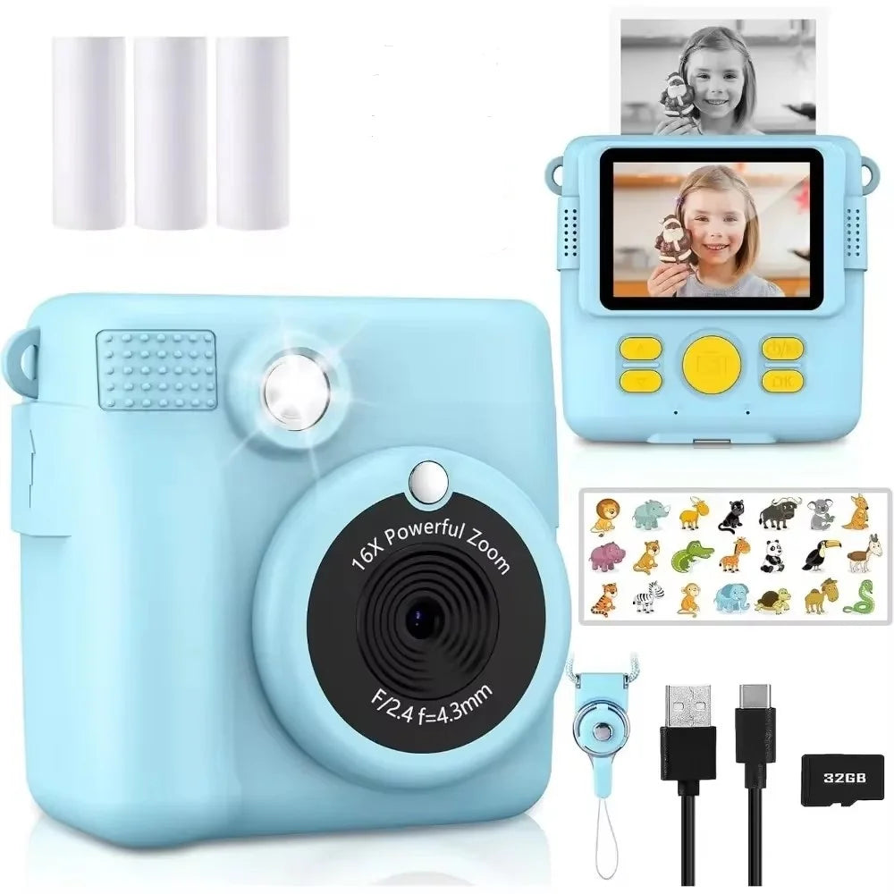 kids camera instant print 1080P Portable Kids Camera with  32GB Card3 and Rolls Photo Paper , Perfect Gift for Toddlers